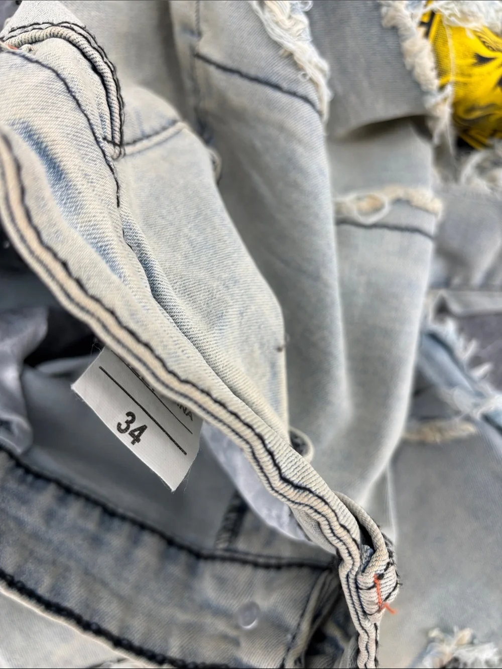 PIONEER Light Wash Distressed Denim Shorts with Black & Yellow Patches 34 NWT